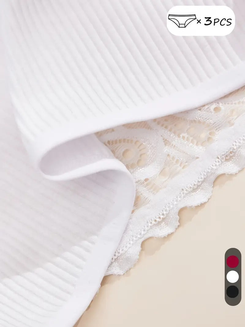 3pcs Soft-Touch Solid Contrast Lace Briefs - Ultra Comfy, Panties for Women