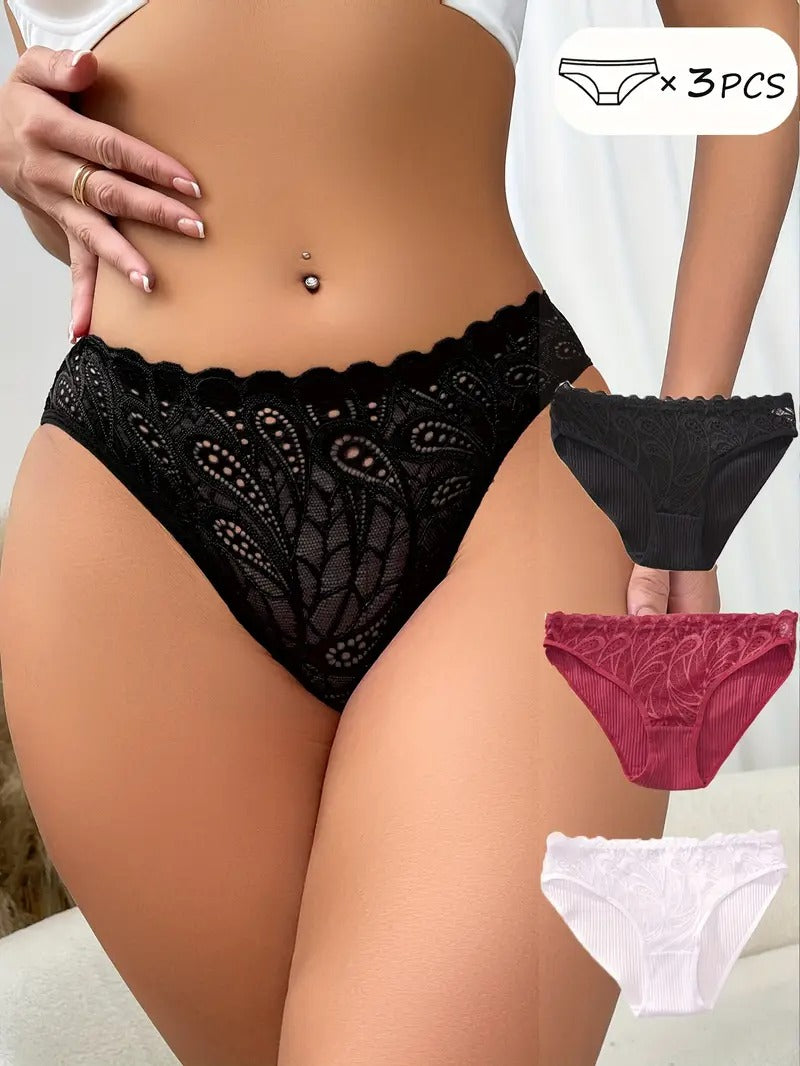 3pcs Soft-Touch Solid Contrast Lace Briefs - Ultra Comfy, Panties for Women