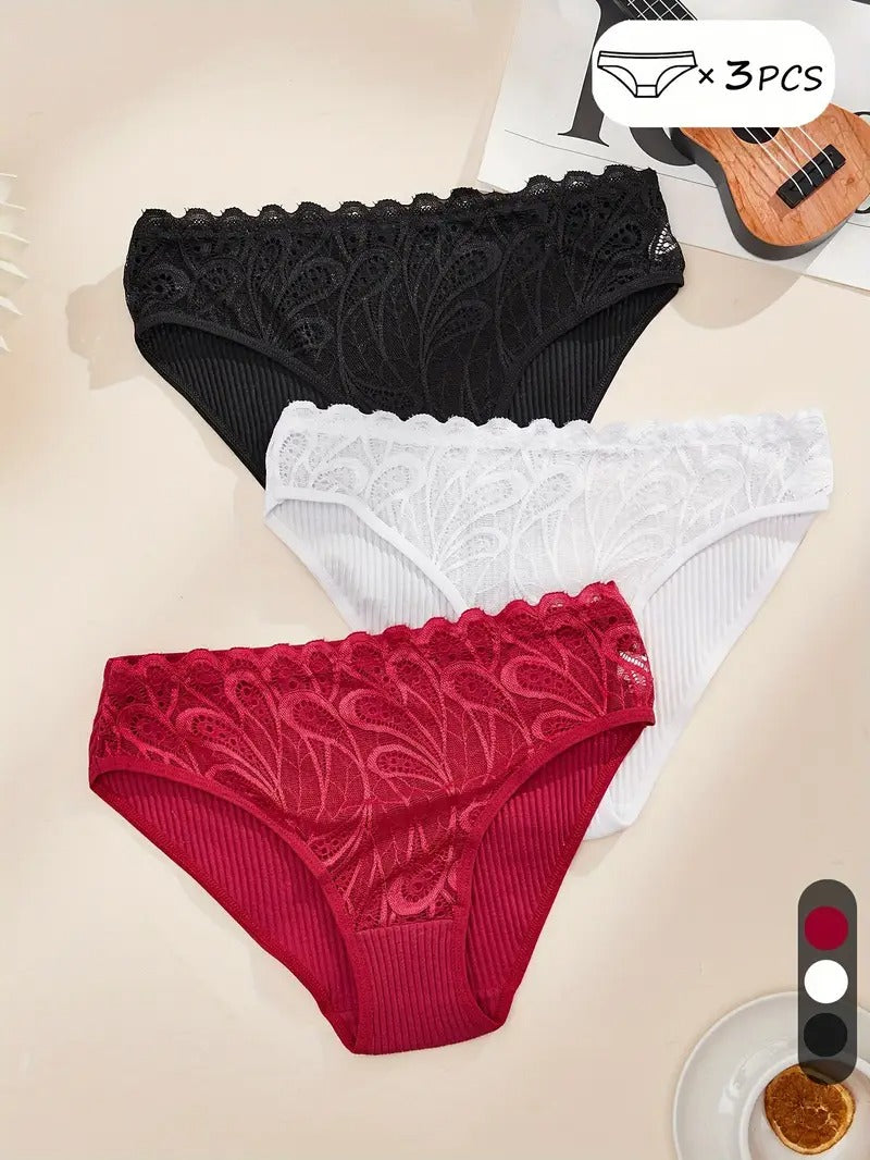 3pcs Soft-Touch Solid Contrast Lace Briefs - Ultra Comfy, Panties for Women