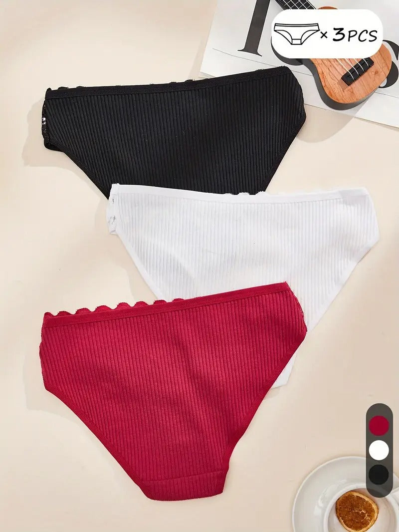 3pcs Soft-Touch Solid Contrast Lace Briefs - Ultra Comfy, Panties for Women
