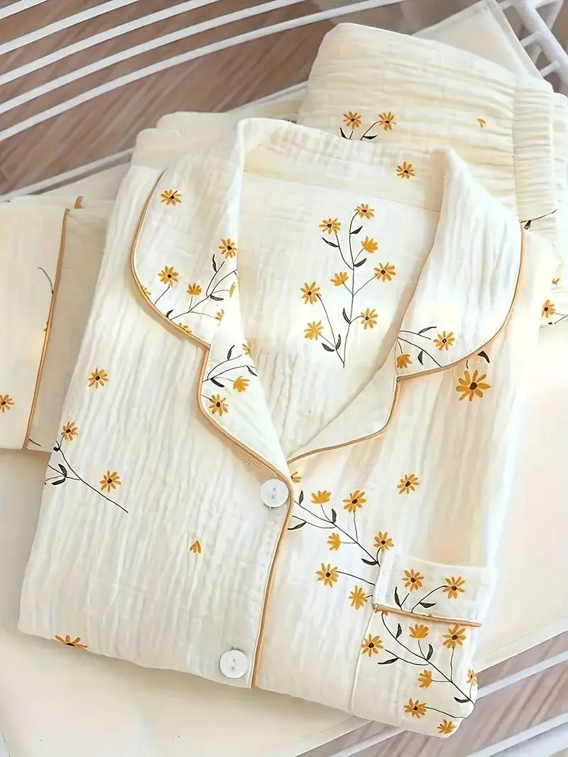 Floral Print Pajamas Set, Long Sleeve Buttons Top & Elastic Waistband Pants, Women's Sleepwear
