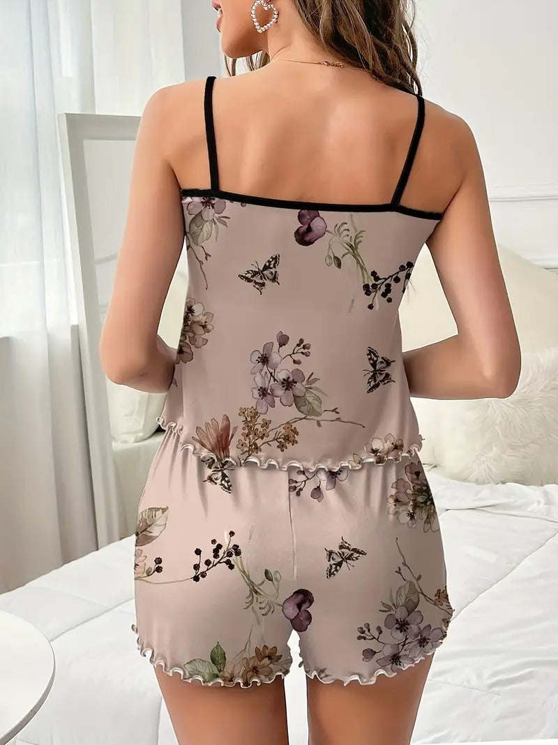 Floral Print Set, Crew Neck Cami Top & Lettuce Trim Shorts, Women's Sleepwear
