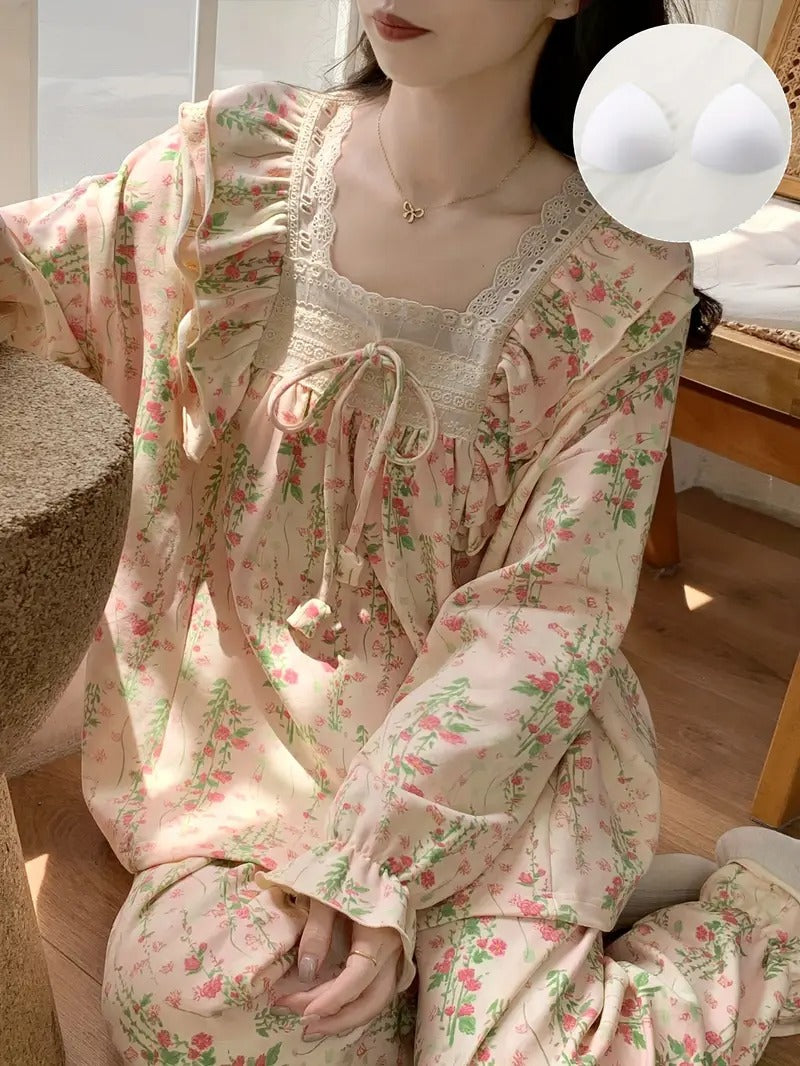 1set Women's Cute Floral Print Pajama Set with Built-in Bra Pads, Long Sleeve Polyester Sleepwear